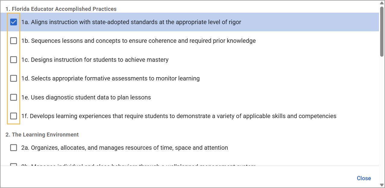 A list of framework dimensions with checkboxes for selection to add them as a framework tag.